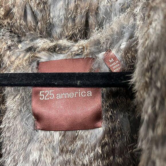 525 America Rabbit Fur Vest Women’s M Hooded Long Genuine Open Front - Picture 3 of 6